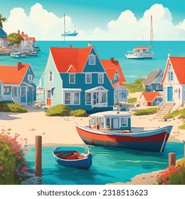 serene coastal village in vector format, capturing the beauty of seaside cottages, a tranquil beach, and colorful fishing boats.