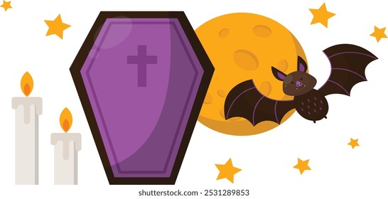 Ataúd sereno con la cruz cristiana en la escena del cementerio - Ilustración vectorial