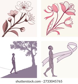 A serene collection of delicate cherry blossoms and vibrant tulip illustrations alongside awareness ribbons depicting human journeys of hope and support