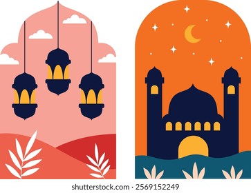 A serene collection of Ramadan-themed illustrations featuring mosques, crescent moons, stars, and Islamic arches, evoking calmness and spirituality for festive and holy month celebrations.