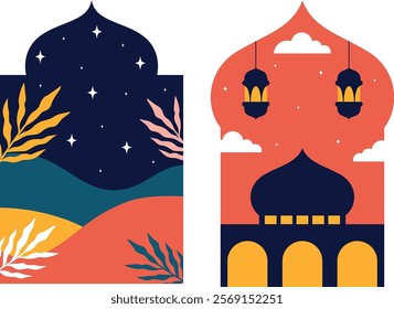 A serene collection of Ramadan-themed illustrations featuring mosques, crescent moons, stars, and Islamic arches, evoking calmness and spirituality for festive and holy month celebrations.