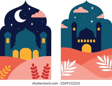 A serene collection of Ramadan-themed illustrations featuring mosques, crescent moons, stars, and Islamic arches, evoking calmness and spirituality for festive and holy month celebrations.