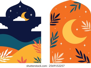 A serene collection of Ramadan-themed illustrations featuring mosques, crescent moons, stars, and Islamic arches, evoking calmness and spirituality for festive and holy month celebrations.