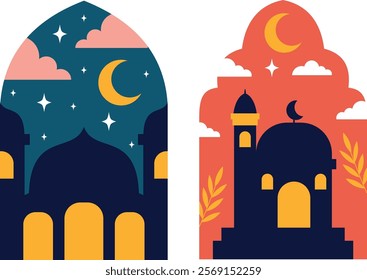 A serene collection of Ramadan-themed illustrations featuring mosques, crescent moons, stars, and Islamic arches, evoking calmness and spirituality for festive and holy month celebrations.