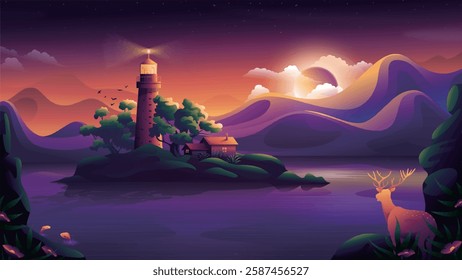 A serene, colorful landscape at dusk featuring a lighthouse on a small island surrounded by calm waters. The sky is painted in vibrant hues of orange, pink, and purple with a full moon rising.