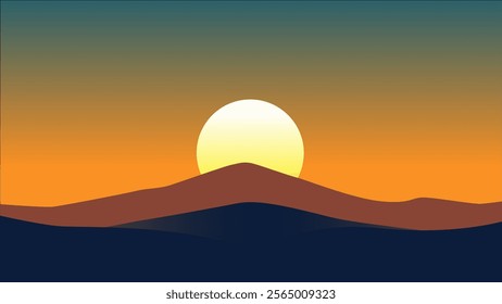 A serene and colorful sunrise over gently rolling hills, depicted in a minimalist vector style. The warm hues of the rising sun contrast beautifully with the cool tones of the hills and sky.