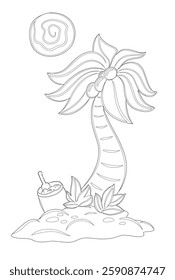 A serene coloring book illustration of a tropical island scene featuring palm tree and a sun