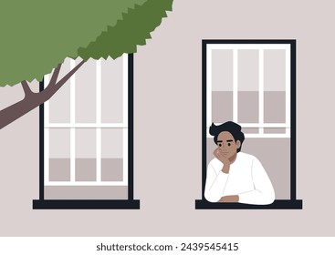 Serene Contemplation, Neighbor at the Windowsill, A person rests their chin on their hand, gazing outward from a window, as dusk settles in the city