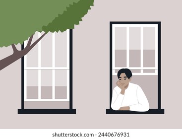 Serene Contemplation, Neighbor at the Windowsill, A person rests their chin on their hand, gazing outward from a window, as dusk settles in the city