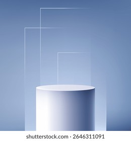 serene cool toned 3D white cylindrical podium on a reflective surface blue background, modern product display mockups. transparent glass, iminimalist branding and luxury showcases