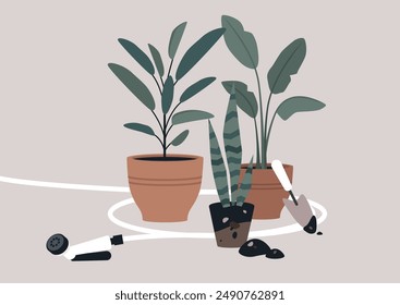 A Serene Corner for Indoor Plants, A gardening scene featuring three potted plants, a watering can, and a trowel