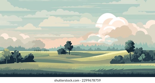 Serene Countryside Horizon with Clouds   Vector Art