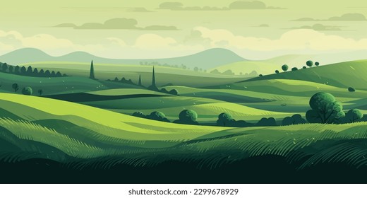 Serene Countryside Landscape  Vector Sketch of Green Grass Field on Hills