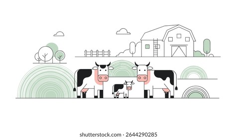 Uma cena serena no campo retratando vacas pastando em um ambiente rural verdejante