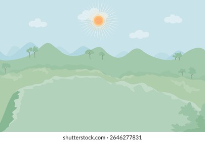 Serene countryside scene with rolling green hills, winding trail, and sunny sky.