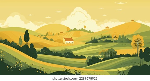 Serene Countryside  Vector Illustration of Endless Green Landscape and Yellow Fields