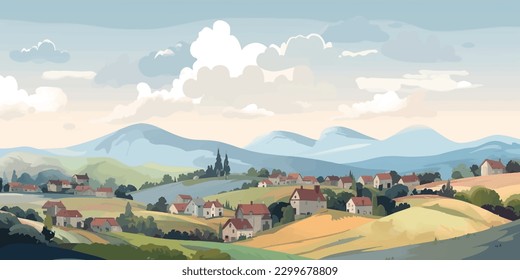 Serene Countryside Vista Amidst Rolling Hills and Puffy Clouds