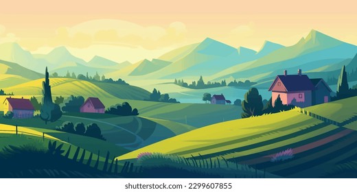 Serene Countryside Vista in Vibrant Cartoon Style