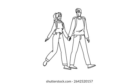 serene couple nature walk vector. peaceful bonding, scenic tranquil, exploration connection serene couple nature walk character. people black line pencil drawing illustration