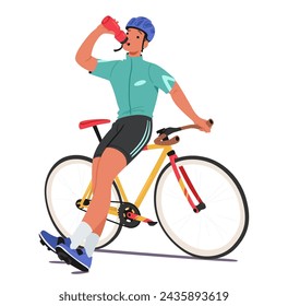 Sereno Personaje Ciclista Encaramado En El Cuadro De La Bicicleta, Saborea Un Momento De Descanso, Bebiendo Agua Fresca, Encarnando La Tranquilidad De Un Descanso Bien Ganado En Medio De La Actividad Atlética. Ilustración vectorial