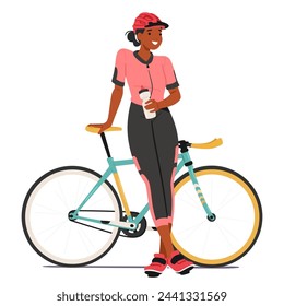 Personaje femenino sereno ciclista se para cerca de la bicicleta con la botella de agua en la mano y sonríe, saborea un momento de reposo, sorbiendo agua fresca, encarnando la tranquilidad en el esfuerzo atlético. Ilustración vectorial