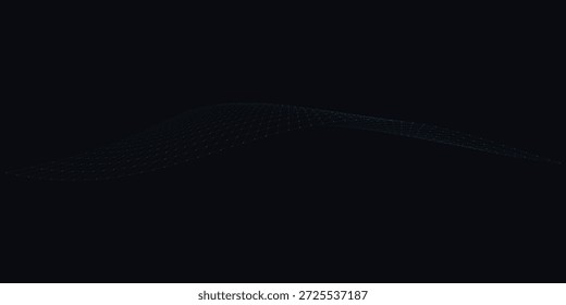 Un fondo azul oscuro sereno con una malla de alambre verde azulado brillante y curvada dinámicamente. Esta visualización digital abstracta representa redes de datos interconectadas, tecnología futurista y la vasta extensión del ciberespacio. Ideal para temas tecnológicos.