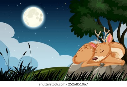 A serene deer sleeps beneath a glowing full moon