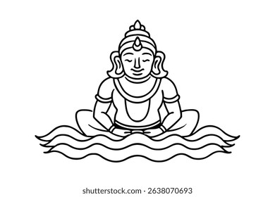 Serene deity meditating on wavy waters line drawing