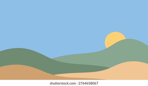 Serene desert landscape with rolling hills under a bright sun and clear blue sky, conveying peace and tranquility