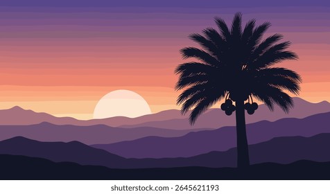 Sereno deserto pôr do sol sobre as dunas rolantes com palmeira