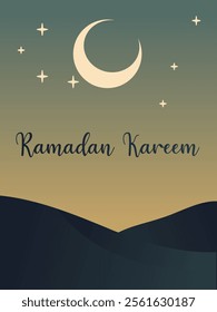 A serene design featuring a crescent moon and stars against a gradient background with desert dunes for greeting cards, digital banners, or social media posts celebrating Ramadan.