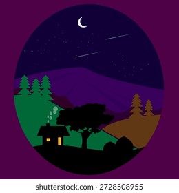 Uma serena ilustração digital capturando uma noite tranquila nas montanhas. A cena apresenta uma casinha acolhedora com janelas brilhantes aninhadas sob um céu estrelado, completo com uma lua crescente e estrelas cadentes. As montanhas roxas profundas e as colinas verdes exuberantes criam uma atmosfera calma e sonhadora