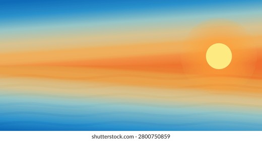 A serene digital illustration of a sunset over the ocean, featuring a gradient of blue, green, orange, and yellow hues, with a large bright yellow sun on the right side, blending softly into the horiz
