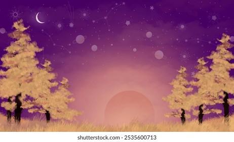 A serene digital landscape featuring a dreamy sunset, golden trees, and a starry sky with crescent moon and planets. Perfect for nature-themed artwork, backgrounds, or prints.