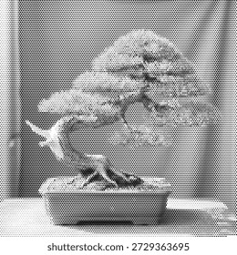 A serene dot pattern illustration of a miniature bonsai tree in a decorative pot. This artistic design symbolizes patience, balance, and the art of nature. Perfect for wellness spa branding, Japanese garden logos, and meditation studio flyers. The halftone texture adds a soft and historic feel to the tiny tree. High-quality vector for professional and calming visual identity marks in health and home.