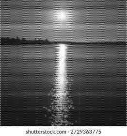 Una ilustración serena del patrón del punto del sol que se refleja en un horizonte de agua tranquila. Este diseño apacible evoca la tranquilidad y el inicio de un nuevo día. Perfecto para fondos de meditación, marca de bienestar, anuncios de agencias de viajes y arte minimalista de la pared. La textura de semitono agrega un brillo suave al reflejo de la superficie del agua. Vector de alta calidad para diseños relajantes y escénicos.