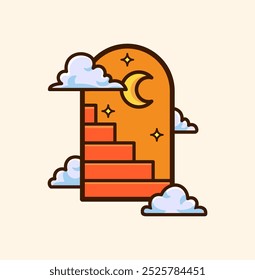 Serene Dreamscape with Stairs, Moon, and Clouds in a Stylish Cartoon Vector Illustration