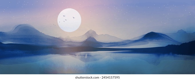 Serene dreamy vector landscape in shades of blue, depicting a tranquil lake with a reflection of mountains under a starry sky with a large moon and silhouettes of flying birds