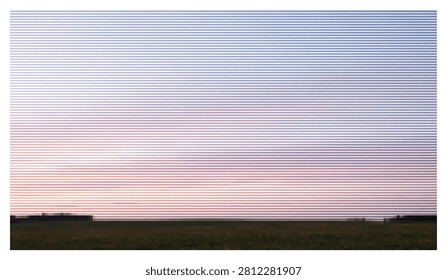 Serene dusk horizon featuring soft pastel colors of sunset sky over dark silhouette of vast fields with artistic horizontal line striping pattern applied.
