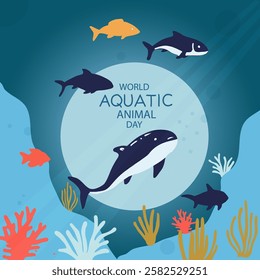 A serene and educational banner for World Aquatic Animal Day, showcasing a variety of aquatic animals in their natural habitats. Vector illustration.