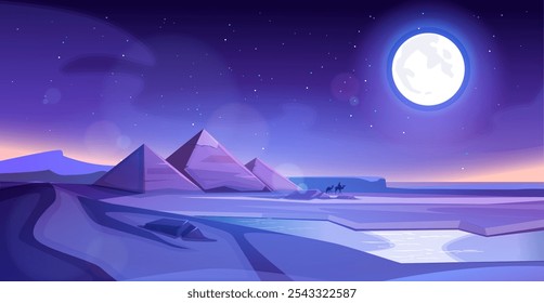 Sereno cena noturna egípcia de pirâmides sob uma lua cheia. A paisagem é banhada em tons de roxo e azul, com estrelas espalhadas pelo céu. Uma atmosfera mística do deserto. Ilustração vetorial