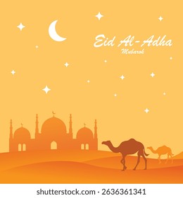 A serene Eid al-Adha illustration featuring mosque silhouettes, camels, and a glowing desert sky with a crescent moon and stars. Perfect for greeting cards, posters, and Islamic festive designs.