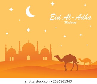Ilustração serena do Eid al-Adha com silhuetas de mesquitas, camelos e um céu desértico brilhante com uma lua crescente e estrelas. Perfeito para cartões comemorativos, cartazes e desenhos festivos islâmicos.