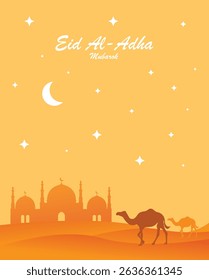 Ilustração serena do Eid al-Adha com silhuetas de mesquitas, camelos e um céu desértico brilhante com uma lua crescente e estrelas. Perfeito para cartões comemorativos, cartazes e desenhos festivos islâmicos.