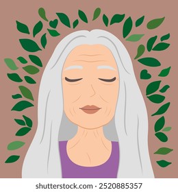 Serene Elderly Woman with Closed Eyes Surrounded by Leaves. Old Lady in Harmony vector illustration. Self care, Mental health