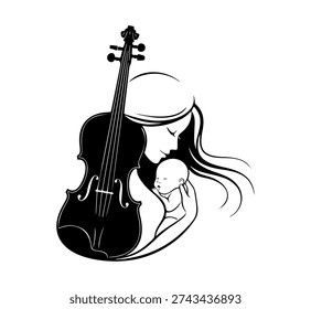 A serene and elegant black and white illustration of a mother cradling her baby next to a violin silhouette. This artistic design represents the harmony of a mother's love and the lullabies that bond parent and child. Great for musical branding, Mother's Day greeting cards, and artistic posters.