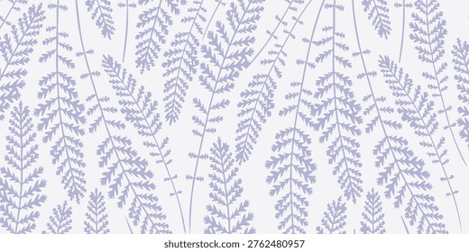 A serene and elegant pattern featuring delicate lavender-colored fern-like leaves and various foliage elements, creating a calming and natural aesthetic against a clean white backdrop.