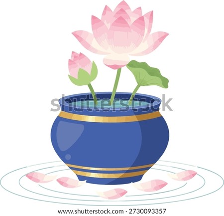 A serene and elegant vector illustration of a blooming pink lotus flower placed in a decorative blue ceramic pot filled with water.