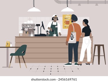 A Serene Encounter at the Modern Coffeeshop Counter, A couple orders from a barista at a stylish, tranquil cafe