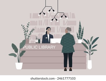 Serene Encounter at the Public Library Reception, A patron interacts with a smiling librarian behind the reception desk